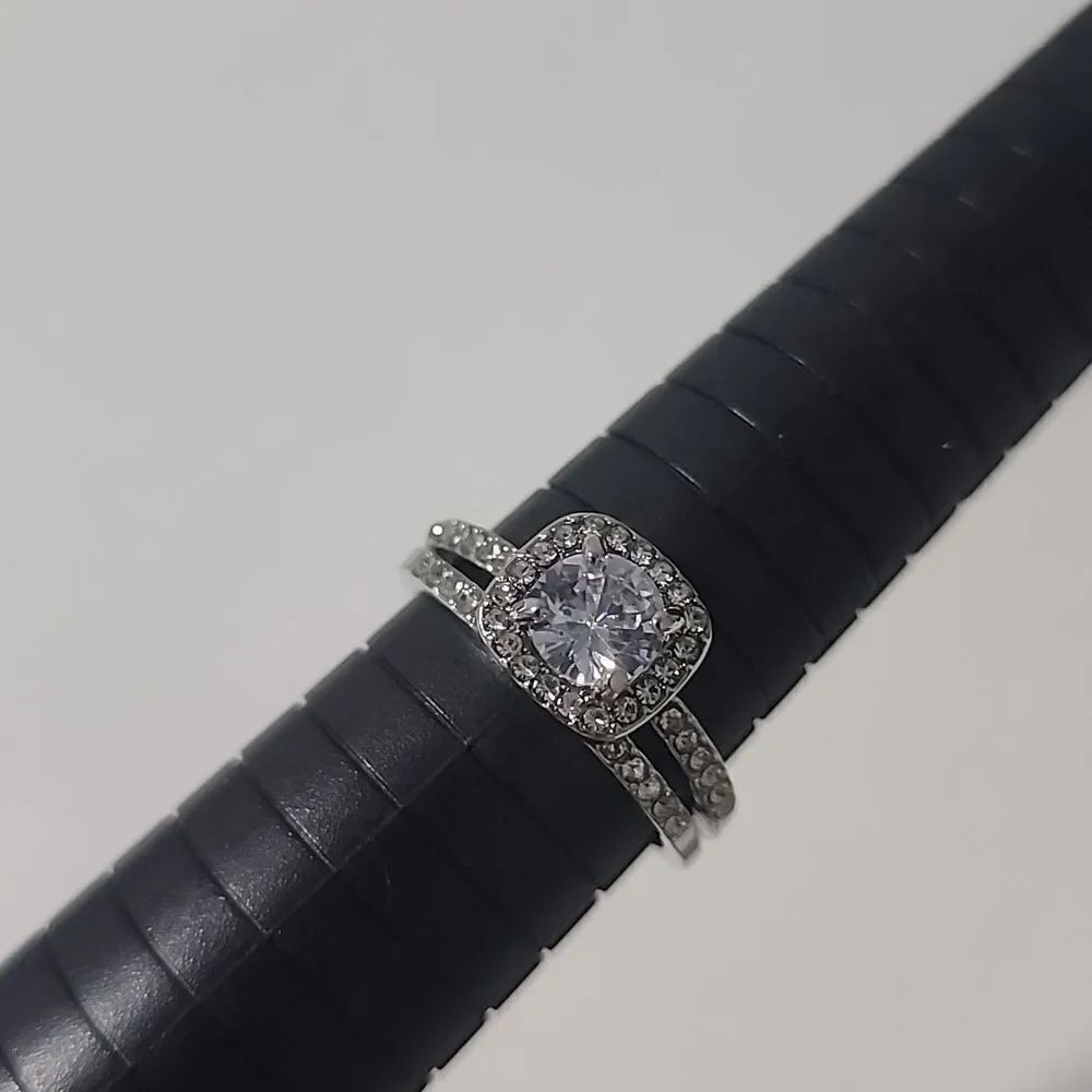 2 Ring Set Silver Ring with Clear Stones Stainless Size 10.5